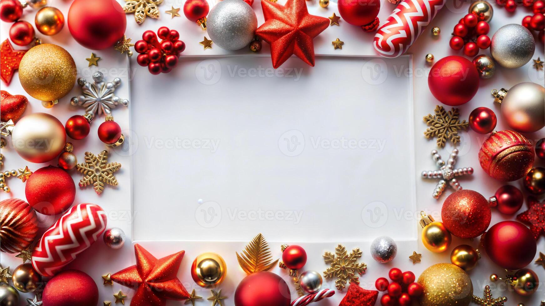 Christmas frame with red and golden baubles on a white background photo