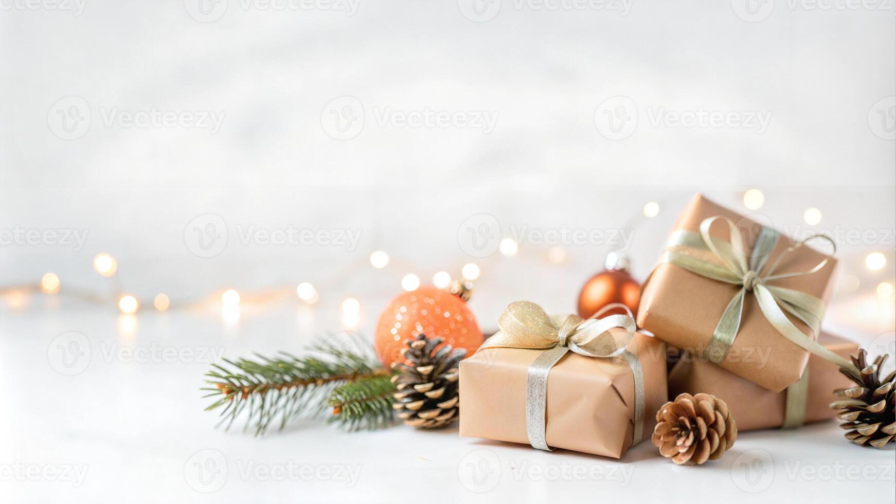Christmas or New Year background with fir branches, pine cones, gift boxes and bokeh lights photo