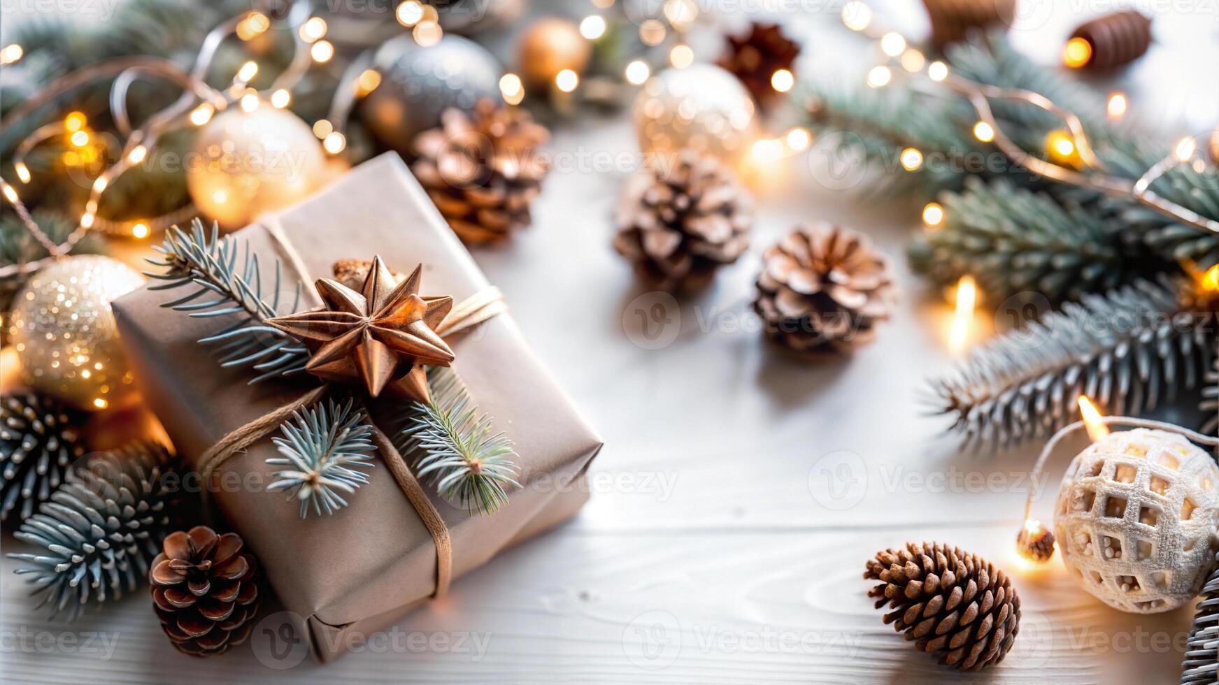 Christmas or New Year composition with fir branches, pine cones, gift boxes and lights on white wooden background photo