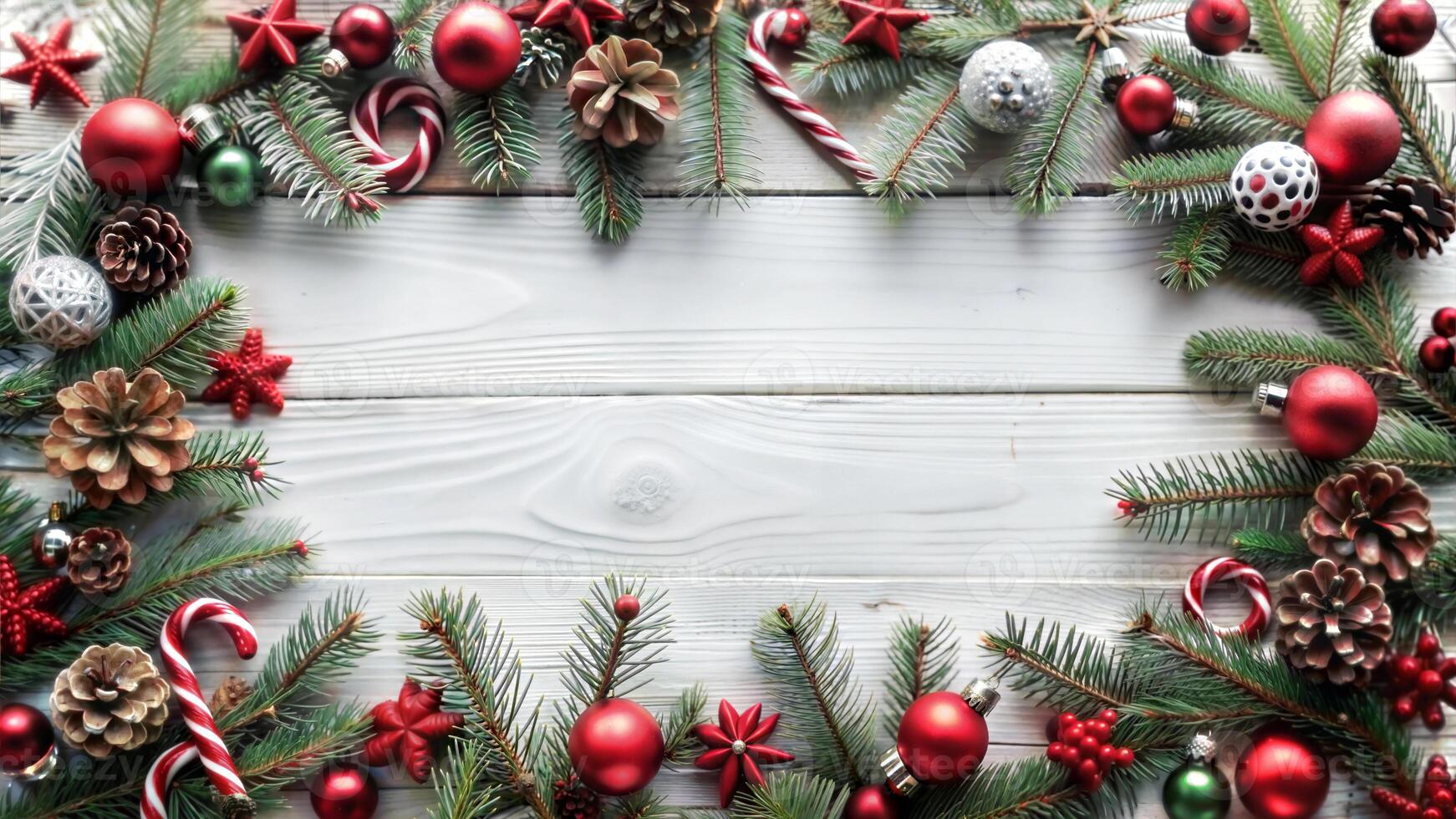 Christmas and New Year background with fir tree branches, red balls, candy canes and decorations on white wooden background photo