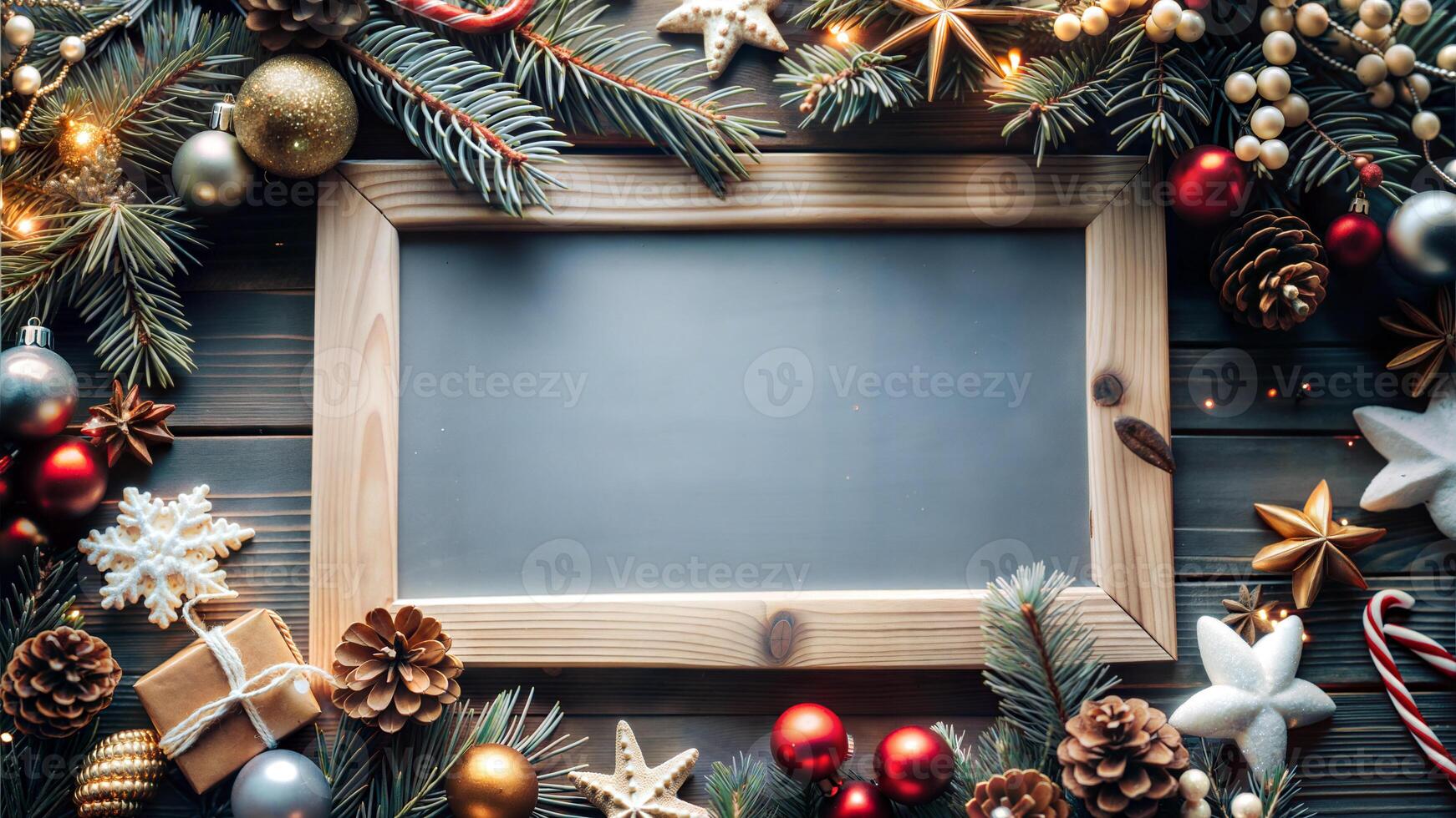 Christmas background with fir tree branches, christmas decorations and chalkboard photo