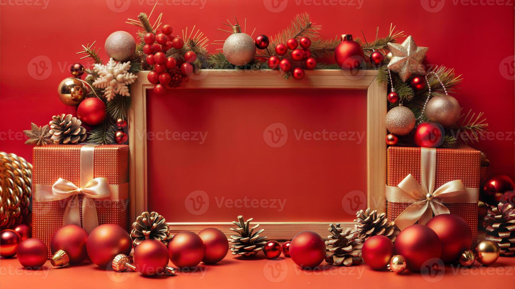 Christmas background with decorations and gift boxes on red background, copy space photo