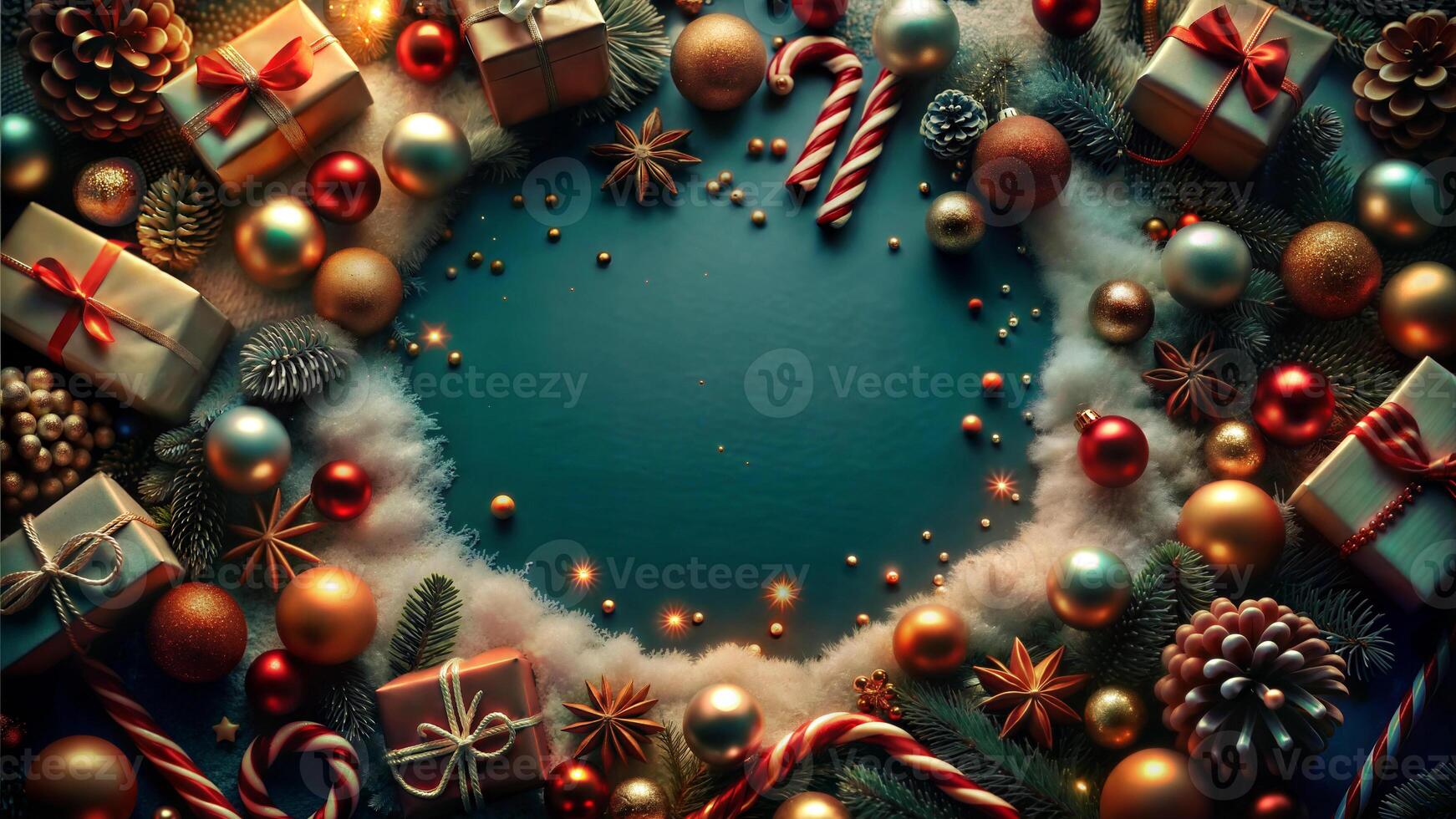 Christmas and New Year holidays background. Top view. Copy space. photo