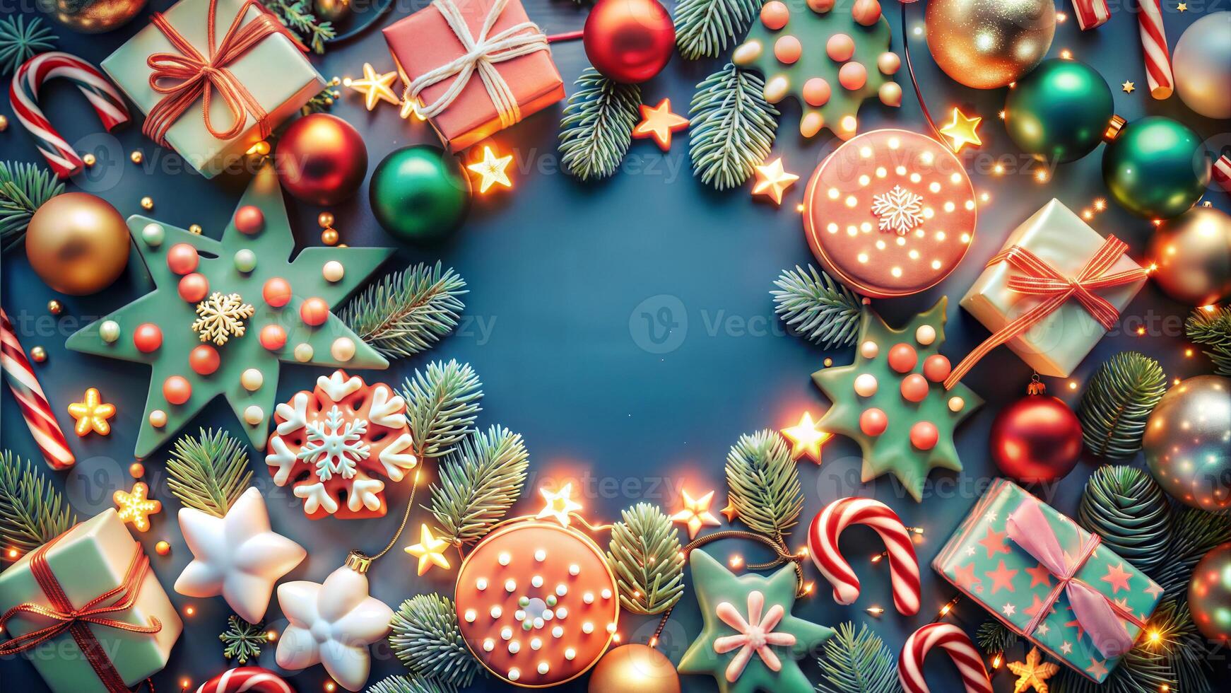Christmas background with decorations and gift boxes on dark blue background. Top view. photo