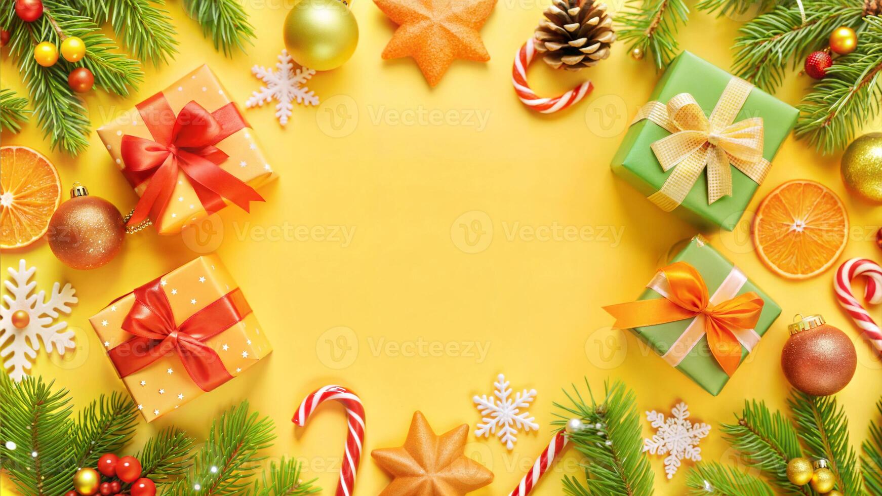 Christmas composition. Gifts, fir branches, Christmas decorations on yellow background. Flat lay, top view, copy space photo
