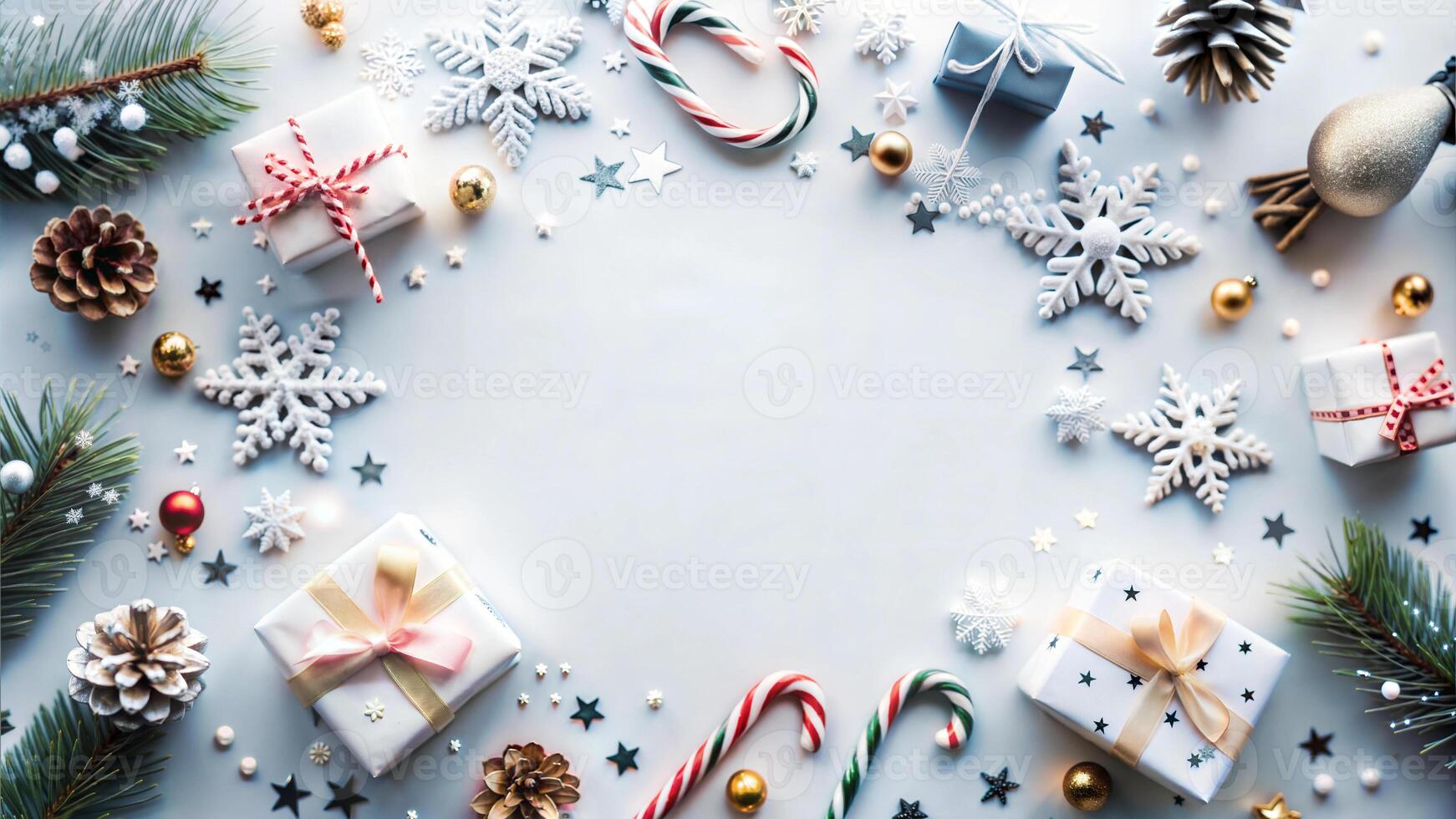Christmas background with gift boxes, snowflakes and decorations. Top view with copy space photo