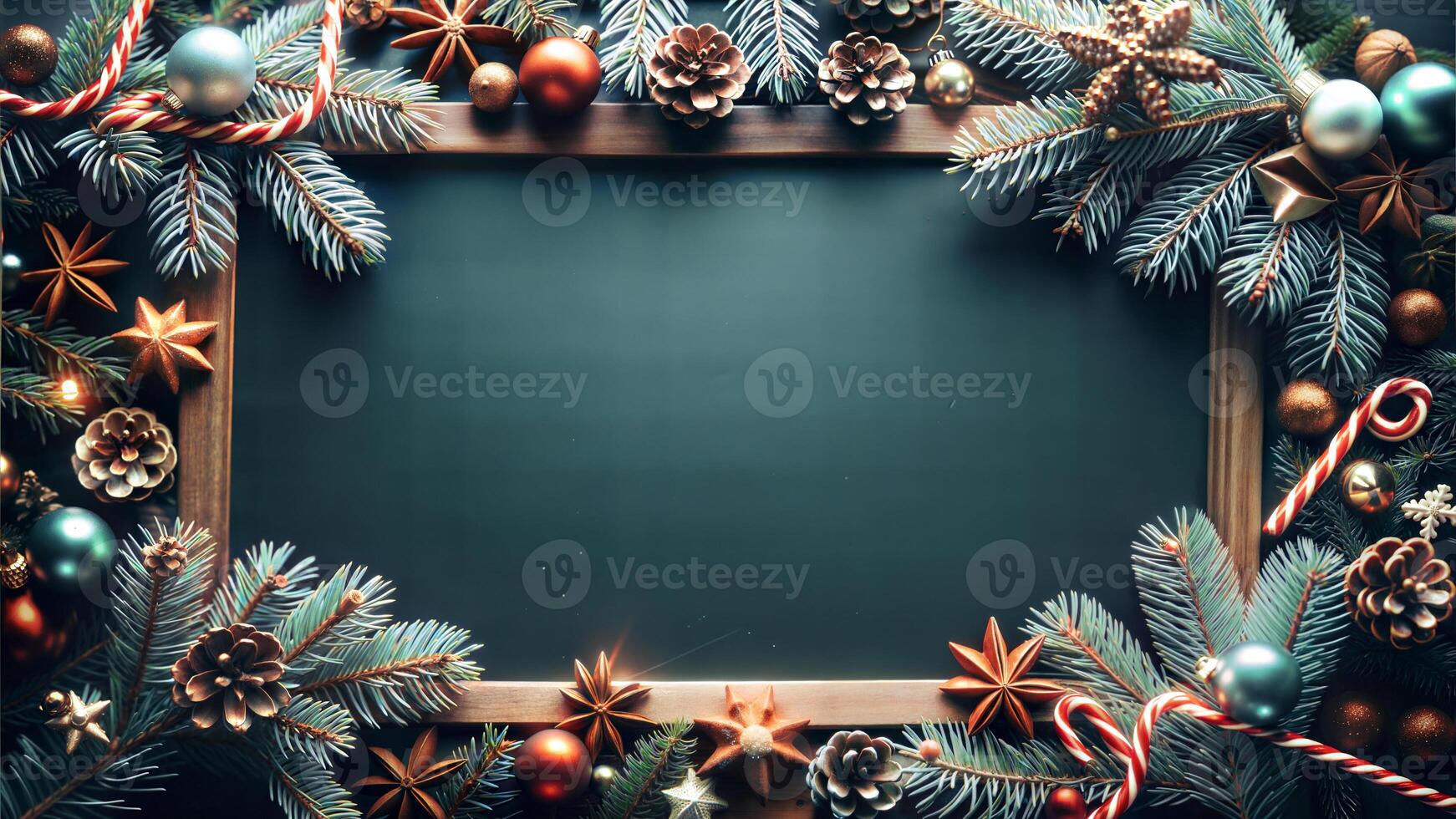 Christmas background with fir tree branches and decoration on blackboard. Top view with copy space photo
