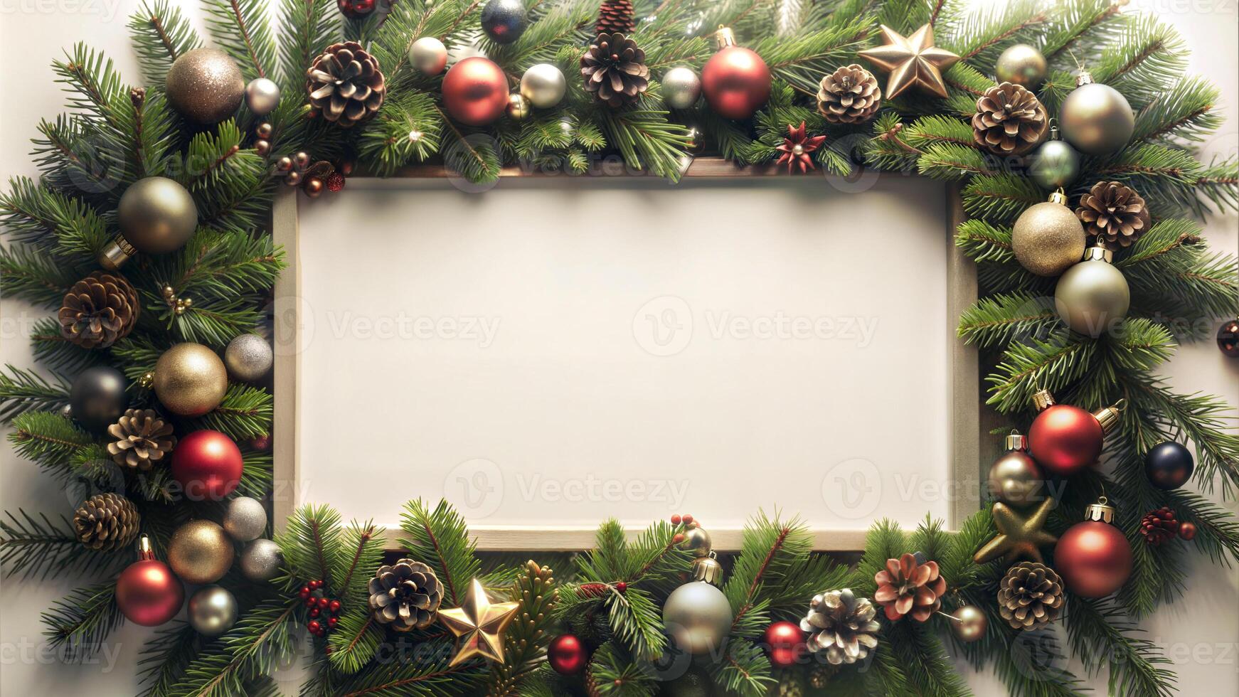 Christmas background with fir tree branchesration and blank white board for text photo