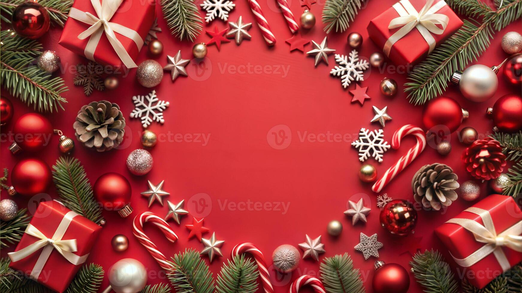 Christmas background with decorations and gift boxes on red background. Top view with copy space photo
