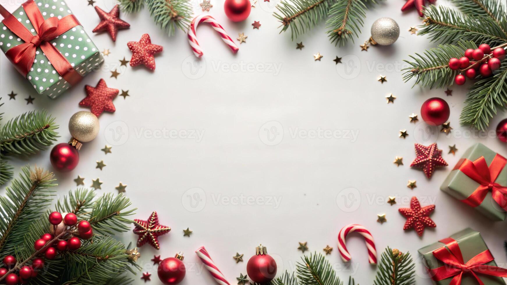 Christmas background with fir branches, candy canes and red berries on white background. Top view with copy space photo