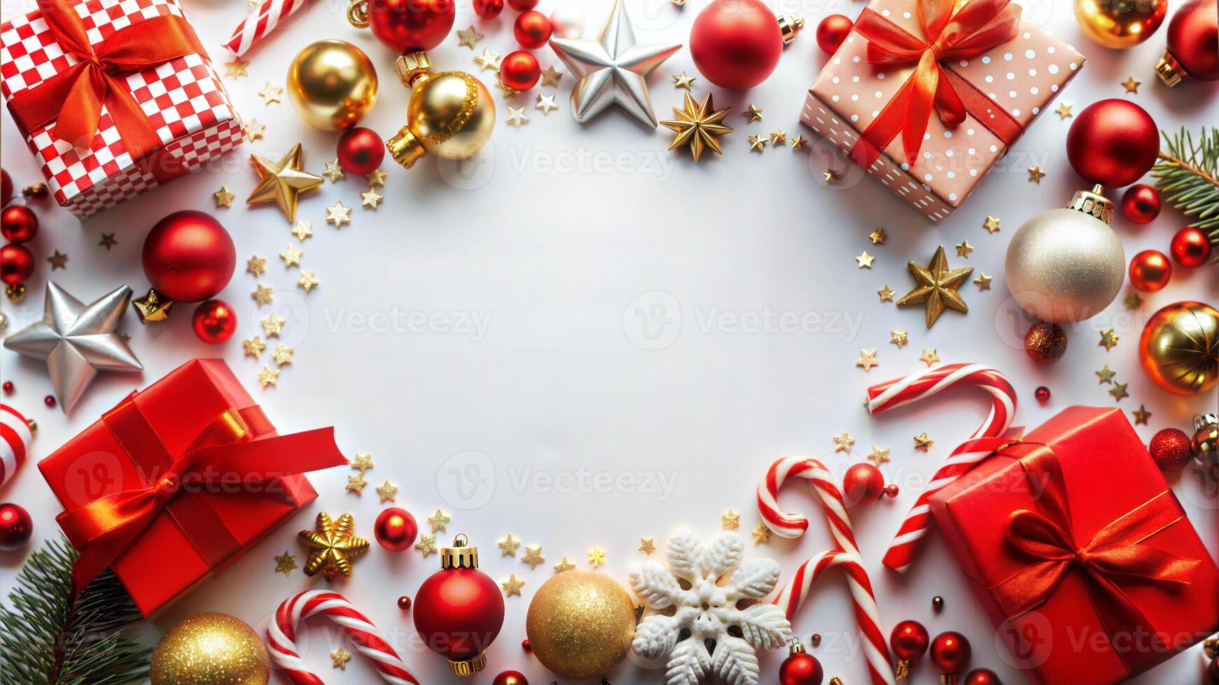 Christmas background with decorations, candy canes and gift boxes. Top view with copy space photo