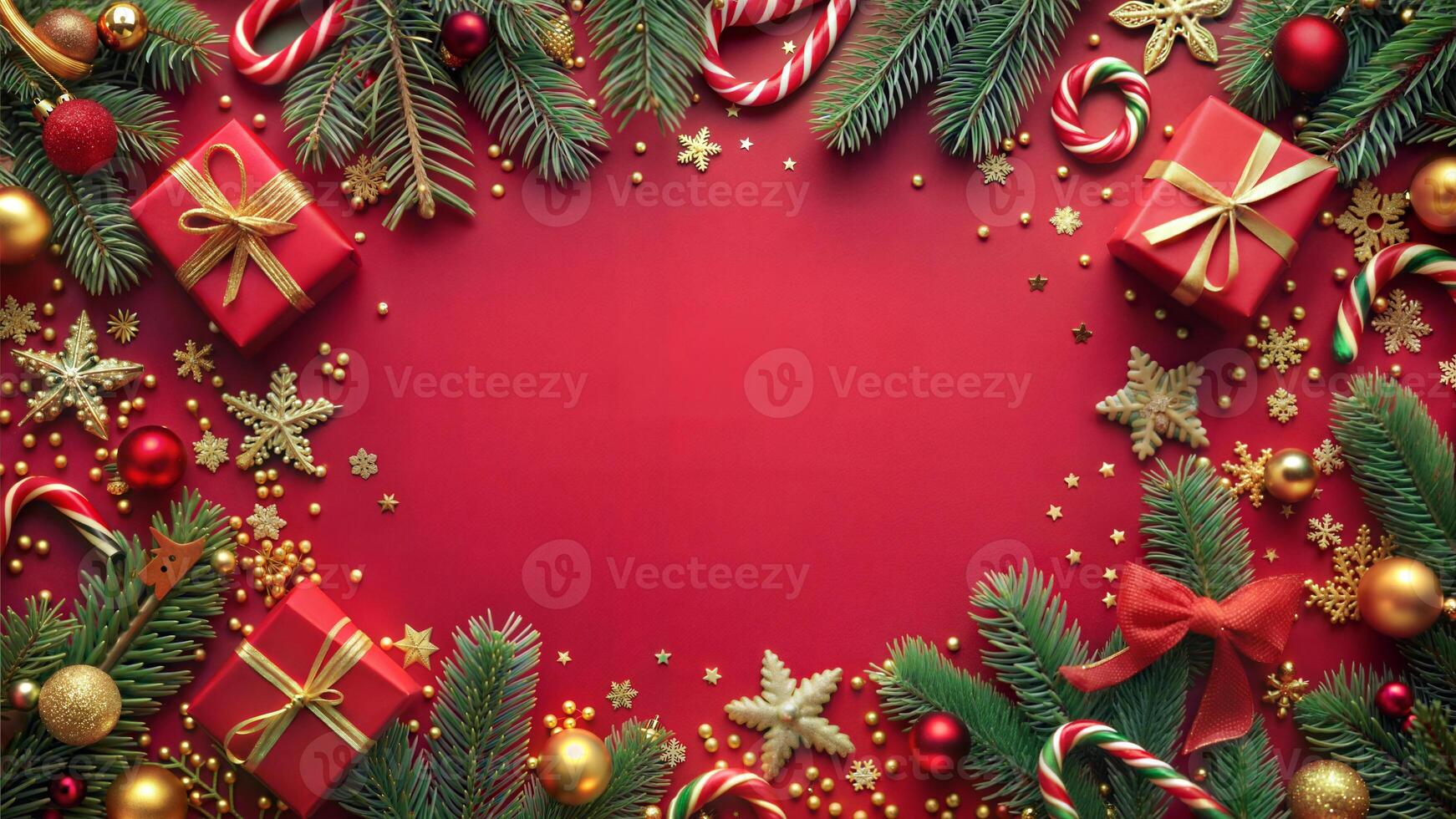 Christmas background with fir tree branches, red gift boxes and decorations on red background. Top view with copy space photo
