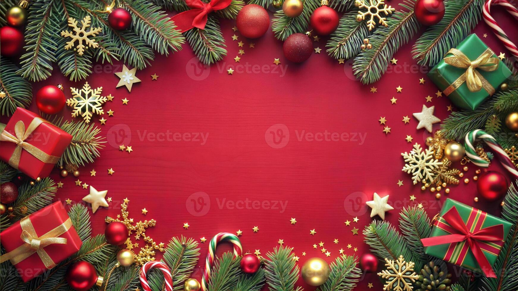 Christmas decoration on red wooden background. Top view with copy space. photo