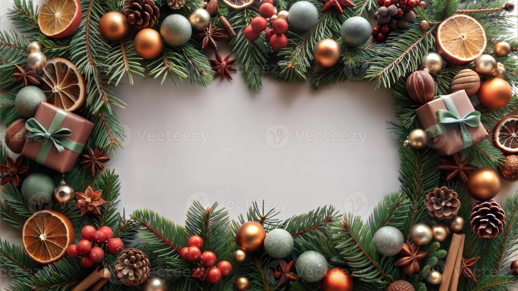 Christmas background with fir tree branches, baubles and decorations. photo