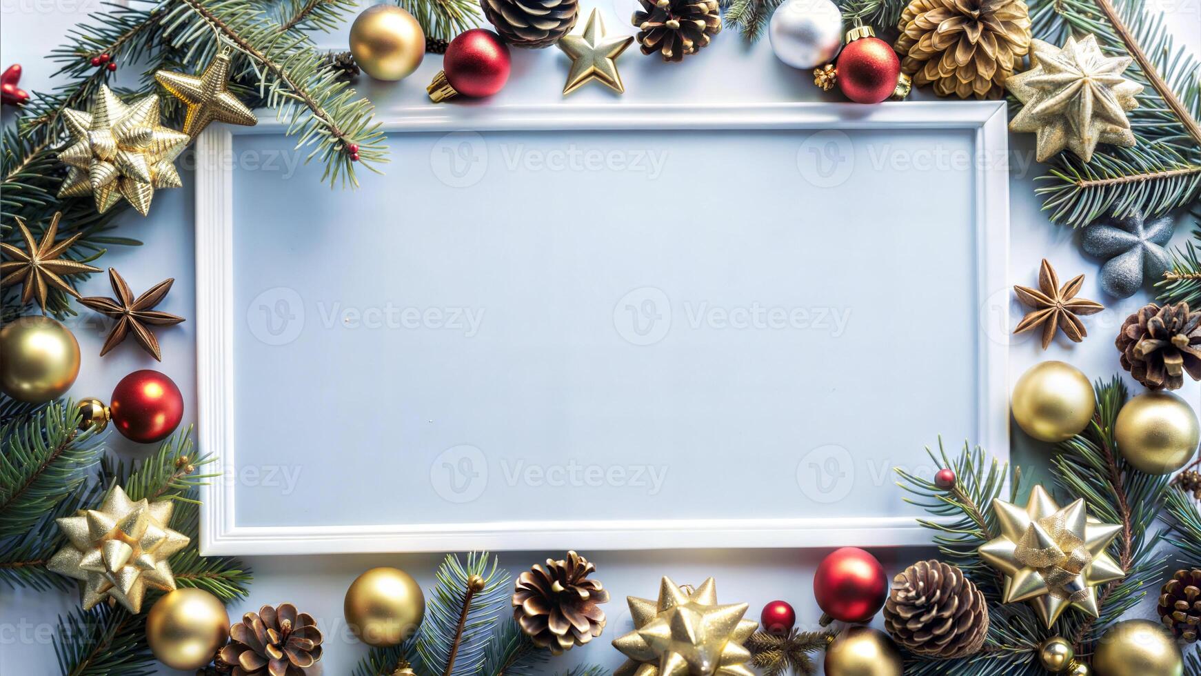 Christmas background with fir branches, red and golden baubles, stars, pine cones and white frame. Flat lay, top view. photo