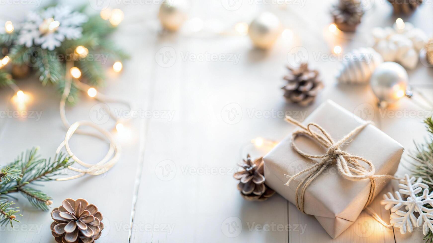 Christmas or New Year background with fir tree branches, pine cones, gift boxes and lights on white wooden background photo