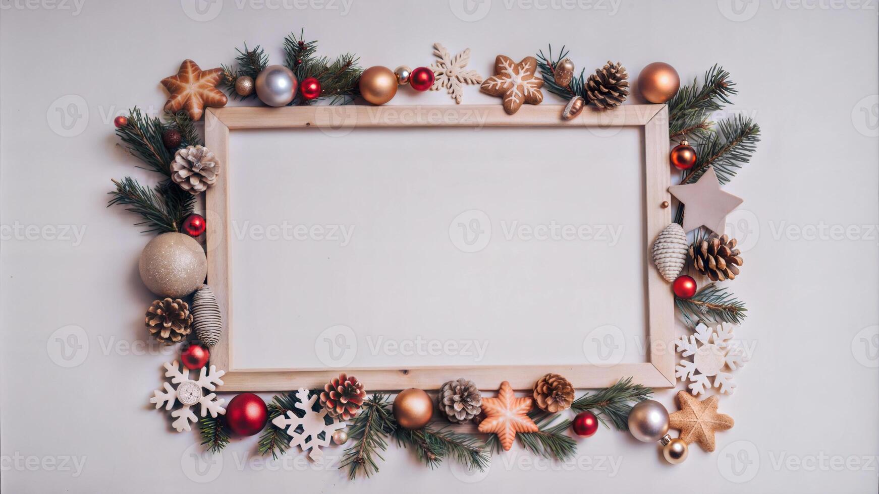Christmas and New Year background with frame and decorations. Top view. photo