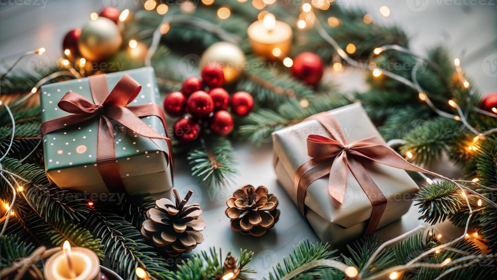 Christmas and New Year background with fir branches, pine cones, gift boxes and bokeh lights photo