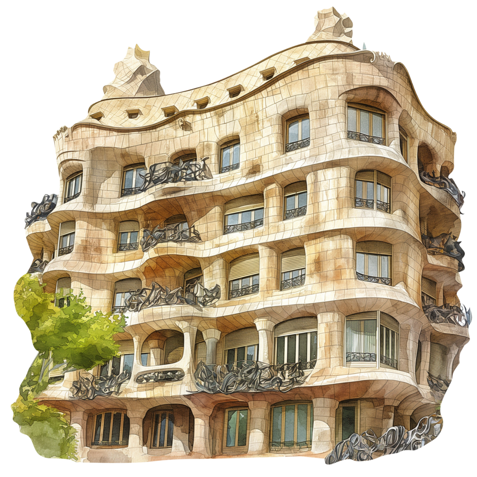 Casa Mila of Spain watercolor using for web, card, print or decoration png
