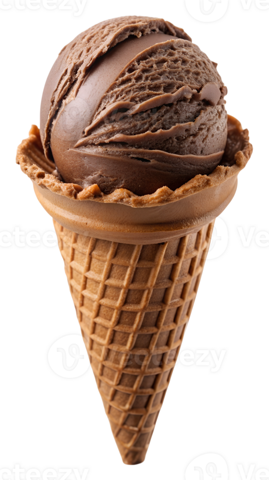 Rich chocolate ice cream with waffle cone, transparent file png