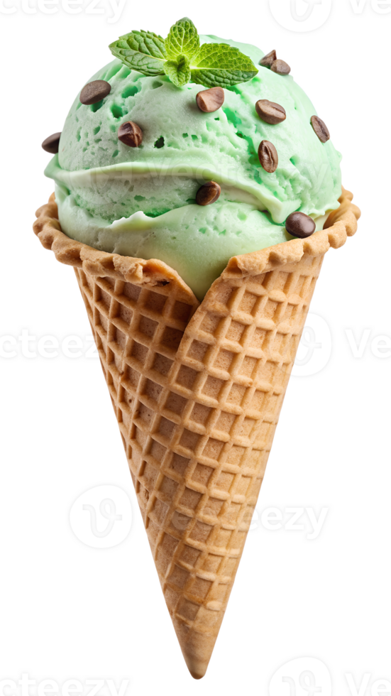 Mint ice cream with chocolate chips and mint leaf, transparent file png