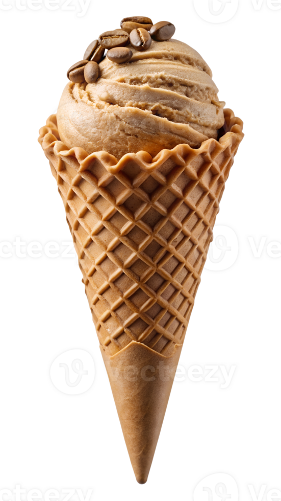 Coffee-flavored ice cream in waffle cone with coffee beans, transparent file png