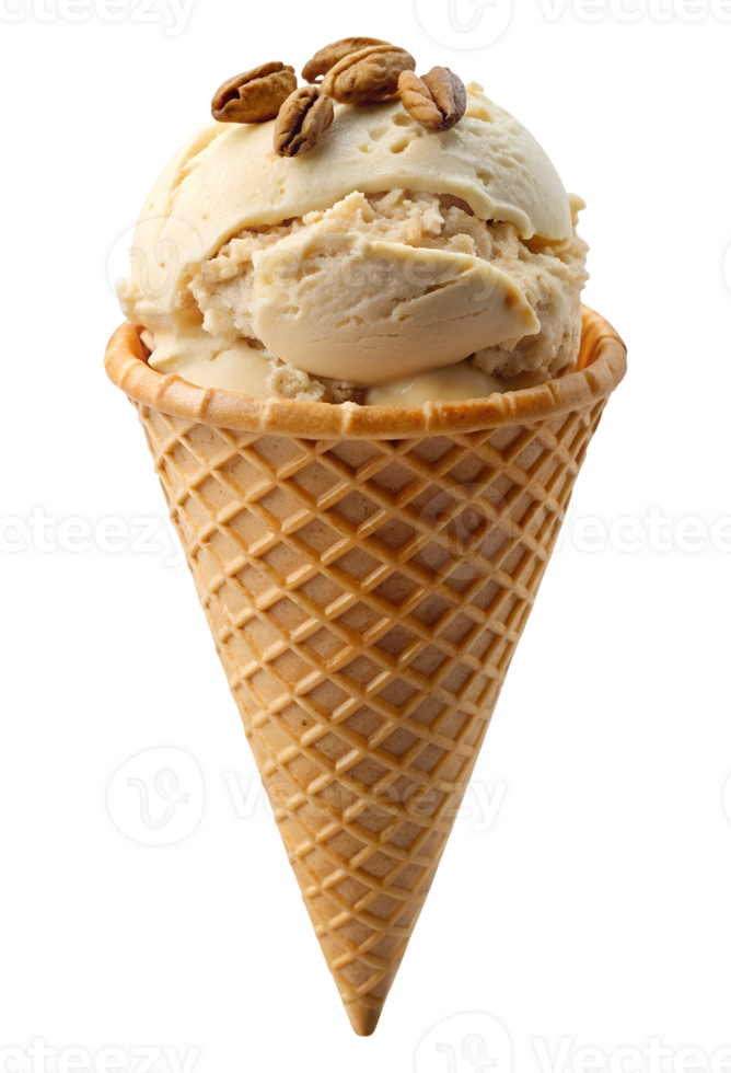 Pecan ice cream cone with nuts topping, transparent file png