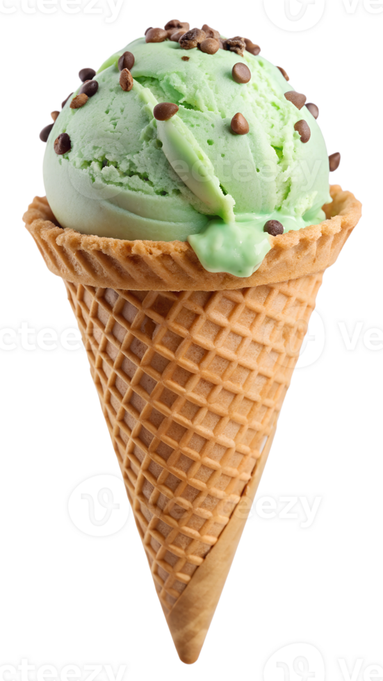 Mint chocolate chip ice cream in waffle cone, transparent file png