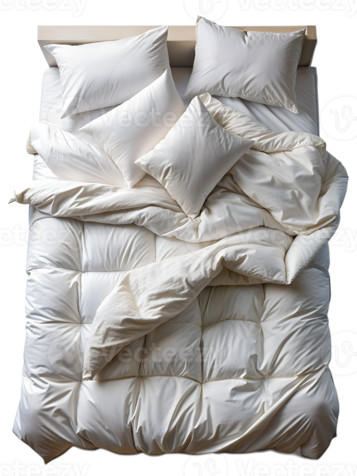 unmade bed with white comforter and pillows transparent png