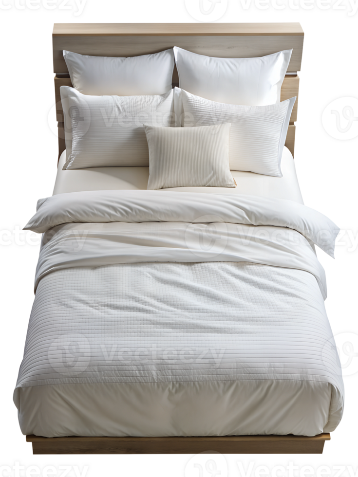 modern bed with white duvet and pillows transparent png