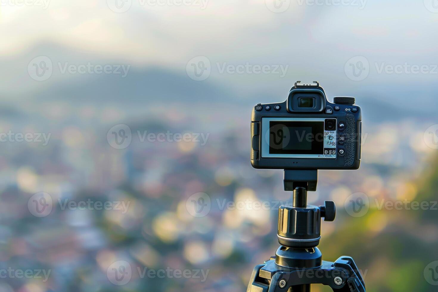 A solitary camera on a tripod overlooking a scenic cityscape at dusk, capturing the tranquil beauty of urban life against a blurred background photo