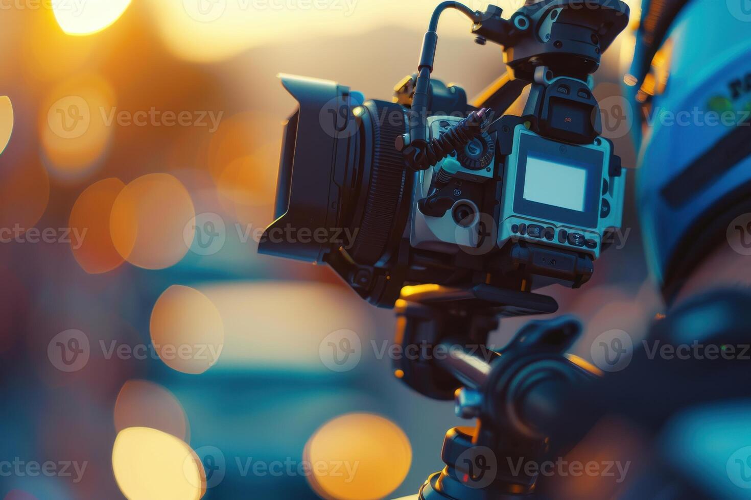 Capturing golden hour wonder with a camera on a bustling city street photo