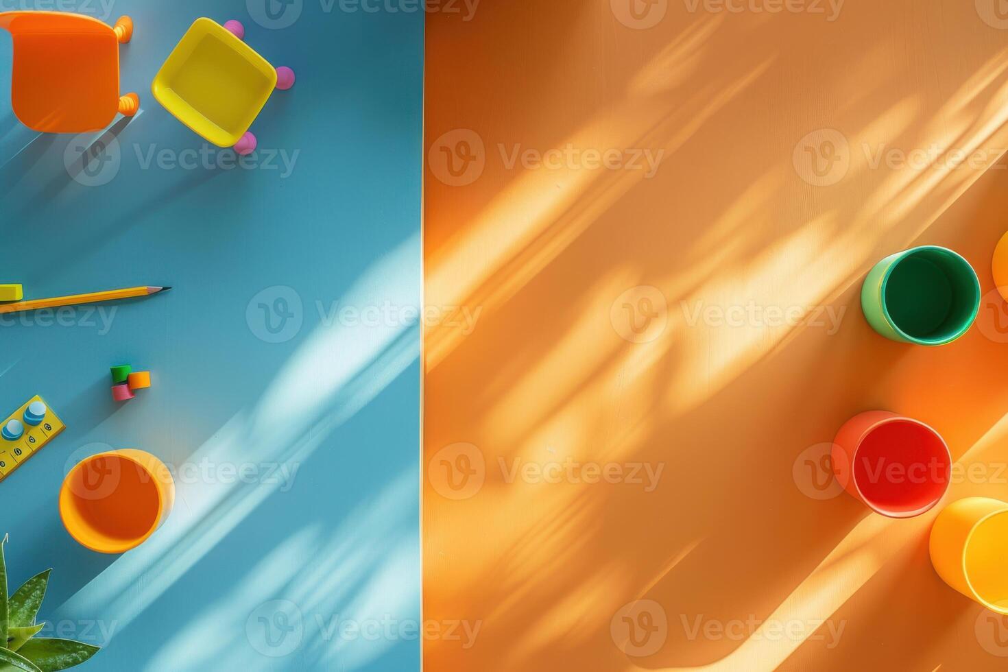 Colorful playtime setup with toys and sunlight streaming across a blue and orange tabletop in a lively atmosphere photo