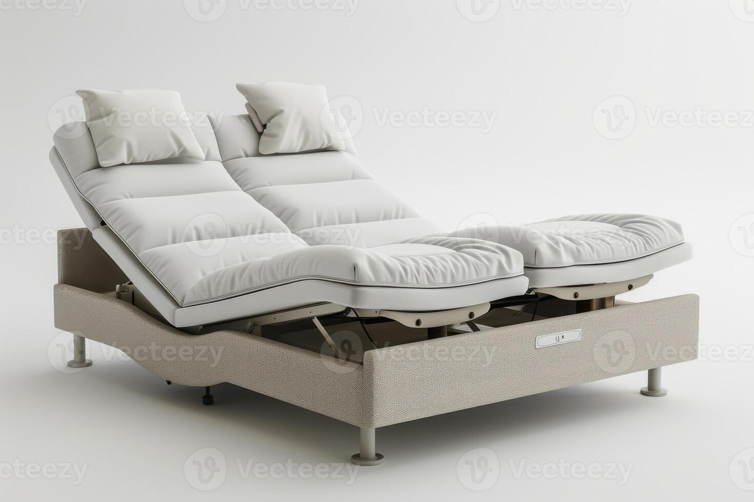 Modern adjustable bed with dual reclining features and plush pillows in a minimalist setting photo