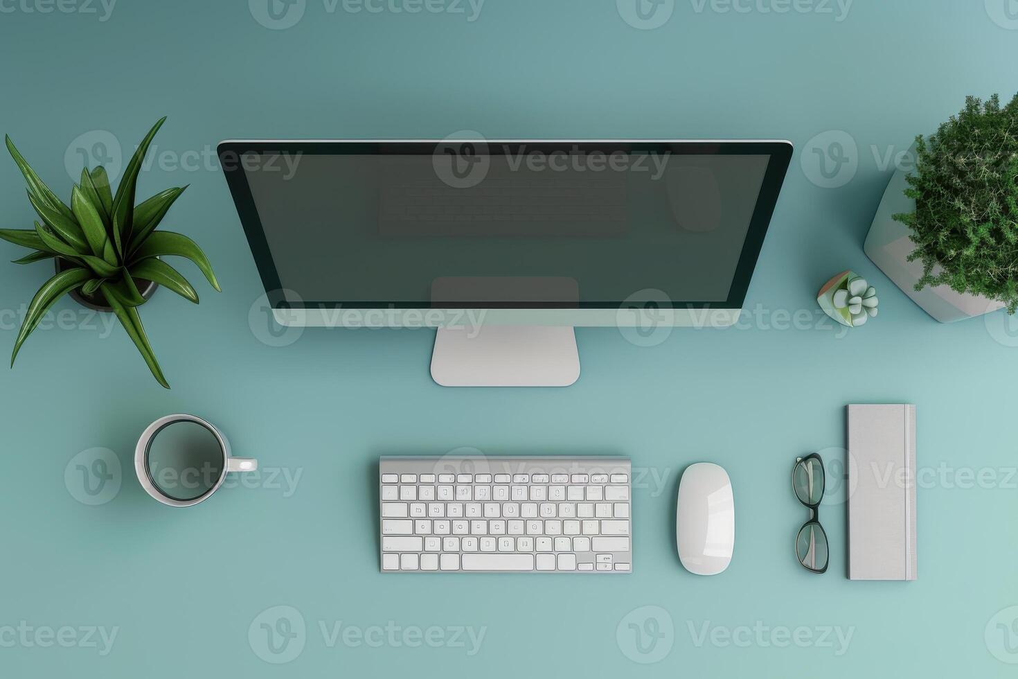 A serene workspace with a computer, coffee, and greenery on a soft blue desk at midday photo