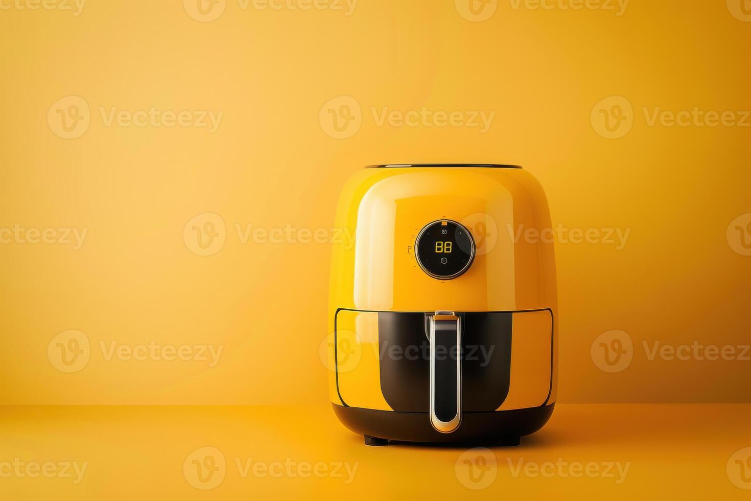 A vibrant yellow air fryer stands on a warm orange backdrop, showcasing its sleek design and digital display while embodying modern culinary innovation photo
