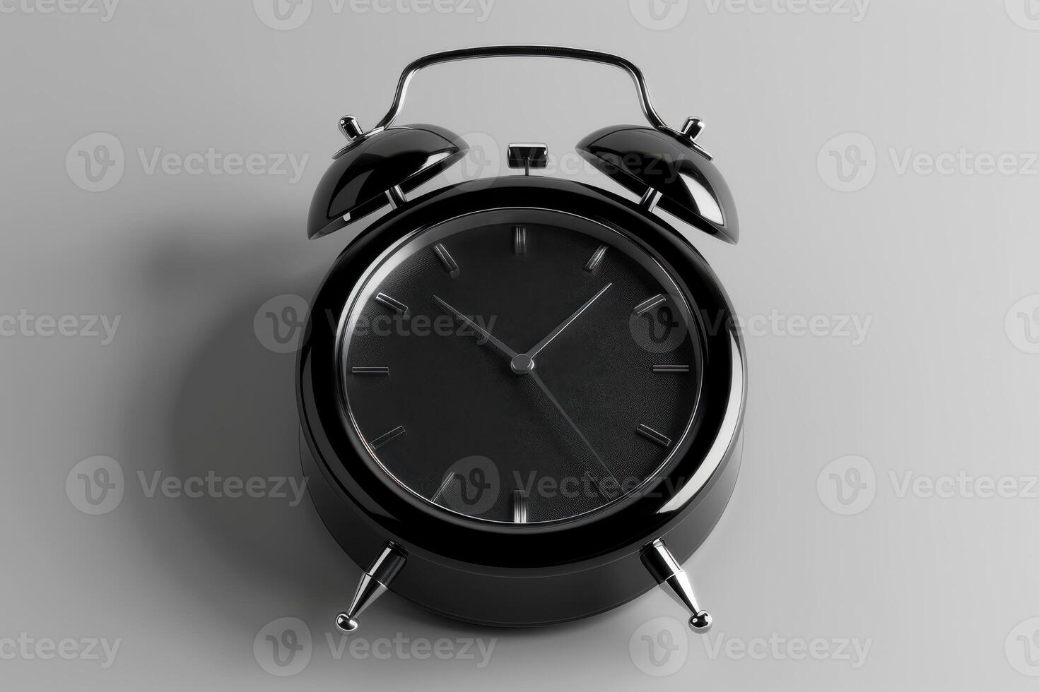 Black vintage alarm clock resting on a minimalist surface, showcasing elegant timekeeping details in soft morning light photo