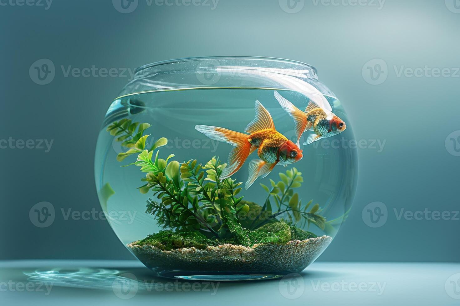 Goldfish swimming gracefully in a tranquil bowl filled with aquatic plants and gravel during soft, ambient lighting photo