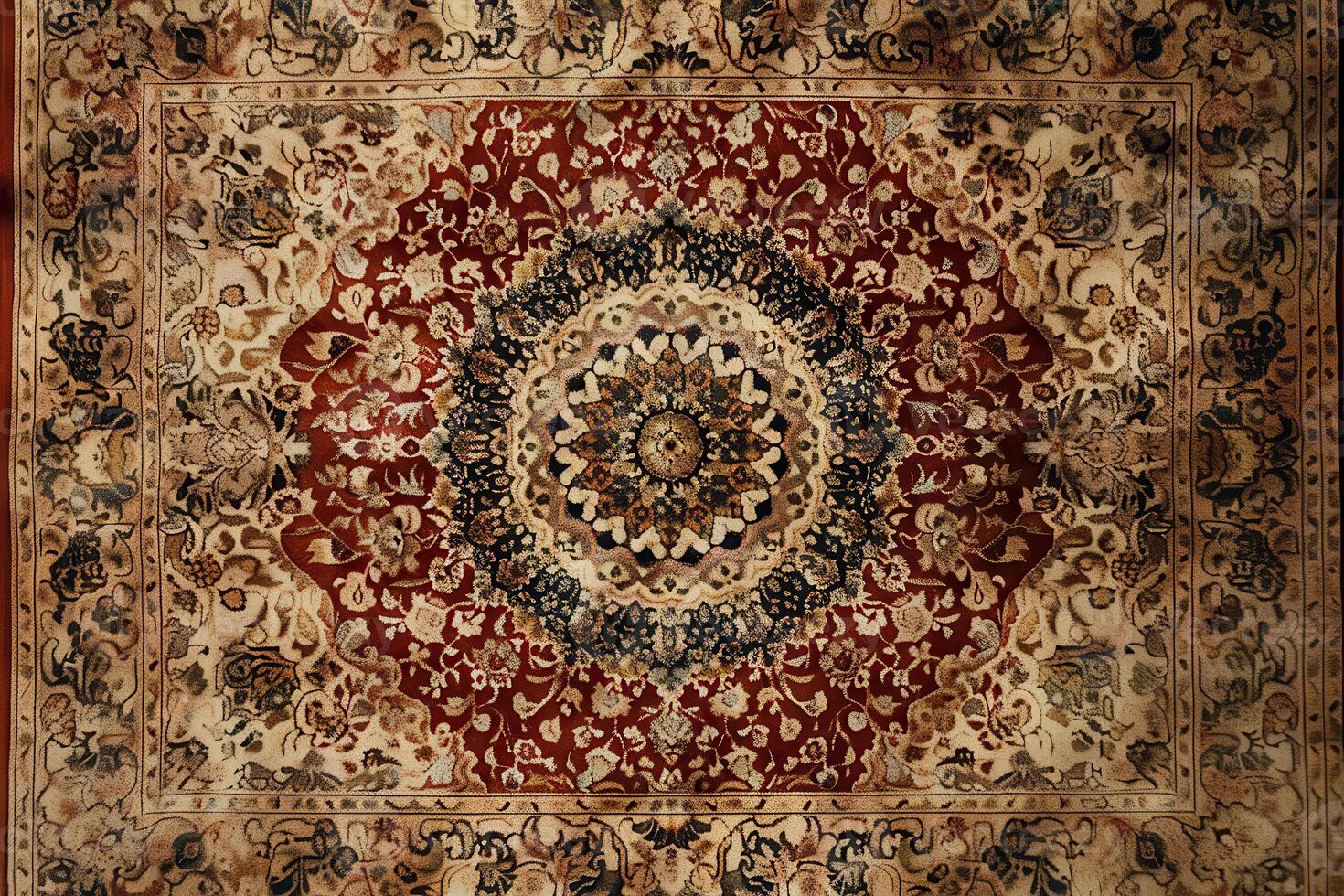 Intricate Persian carpet with floral motifs displayed on a wooden floor in warm lighting photo
