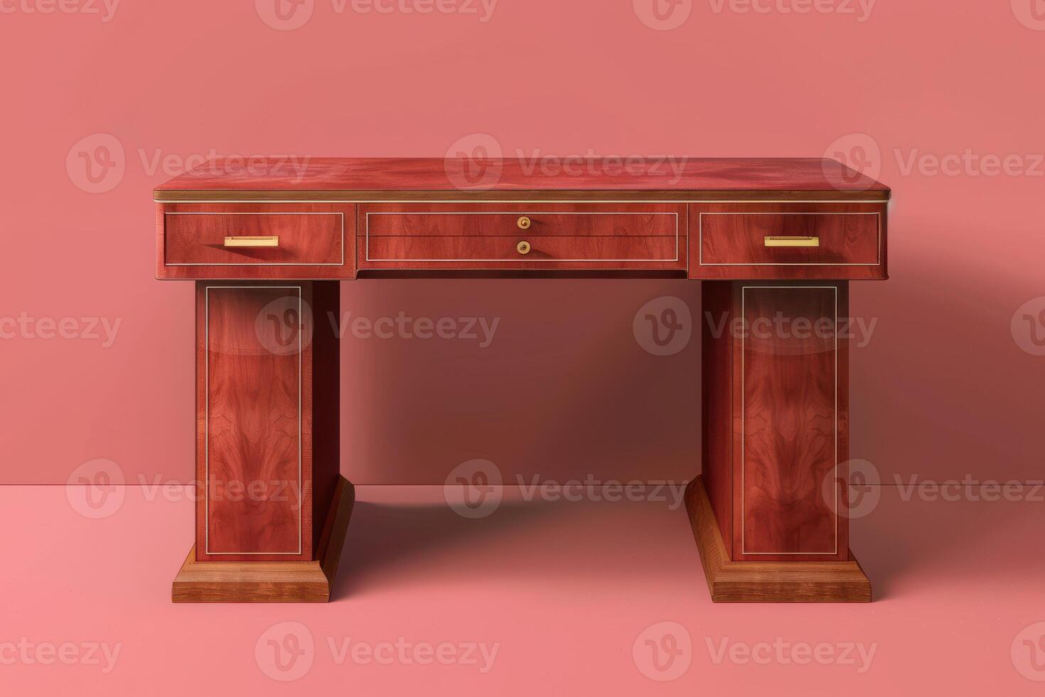 Elegant wooden desk in a minimalist room with light pink walls, showcasing intricate detailing and polished finish photo