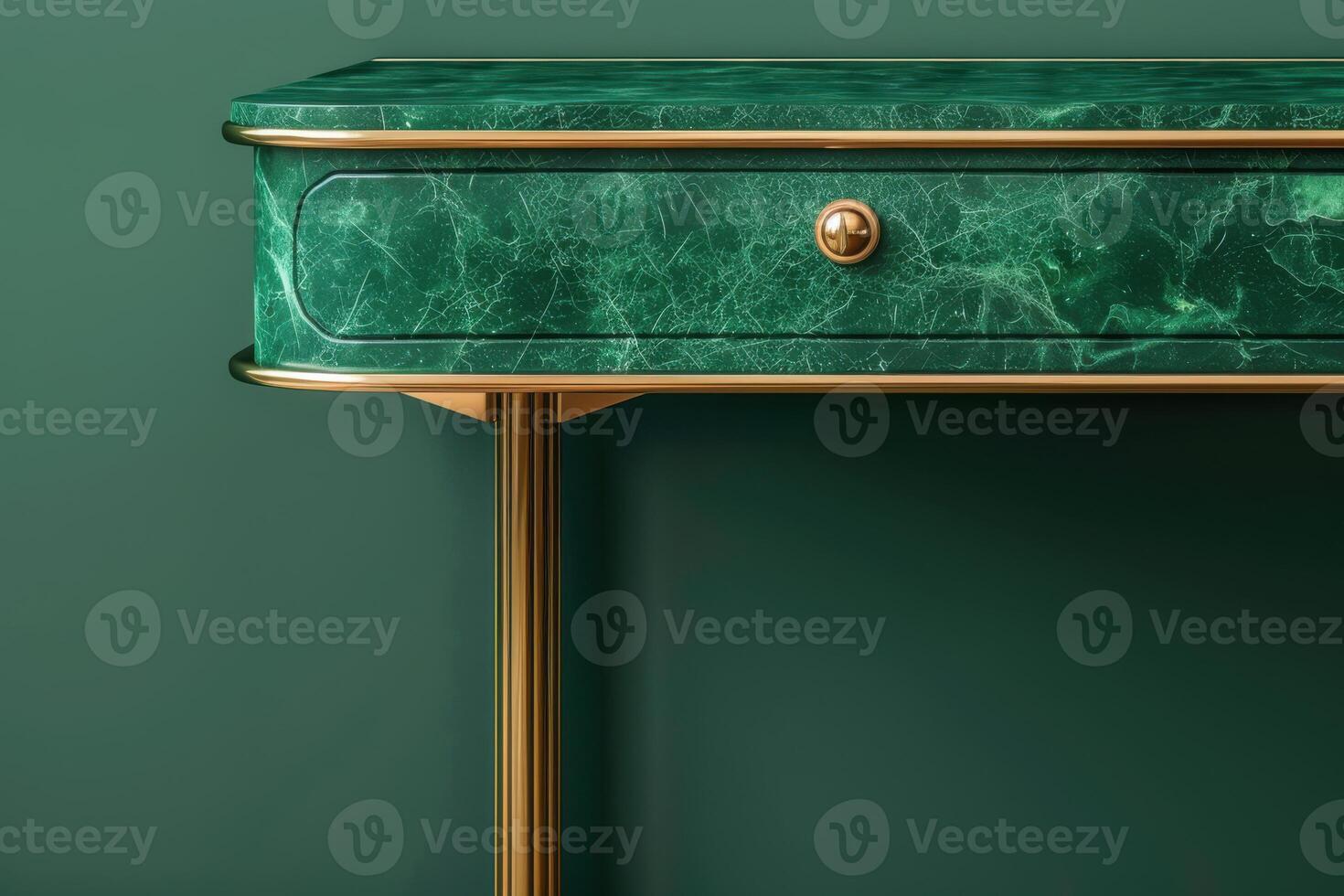 Elegant green marble console table with golden accents against a rich emerald wall photo