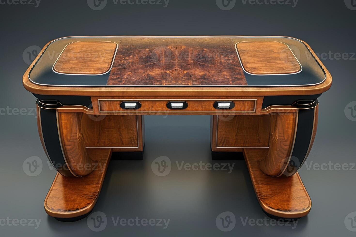 Elegant wooden desk with intricate design showcased in a modern setting, emphasizing craftsmanship and detail photo