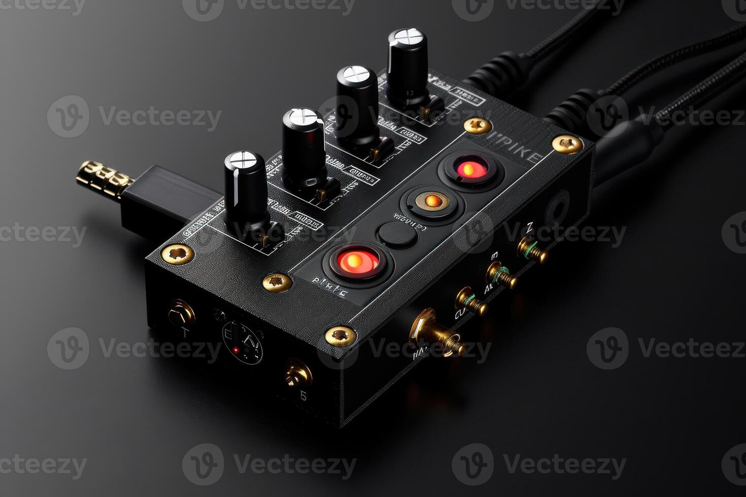 Stylish audio interface with illuminated controls and sleek design against a dark background photo