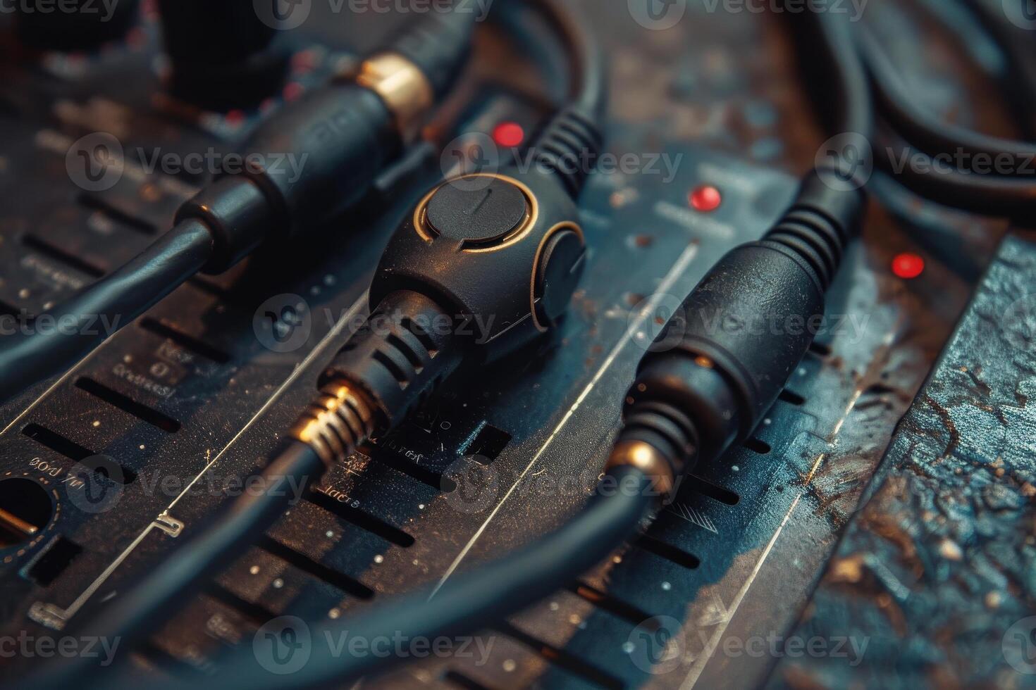 Close-up of audio cables and mixer on a worn table during a late-night recording session in a cozy studio photo