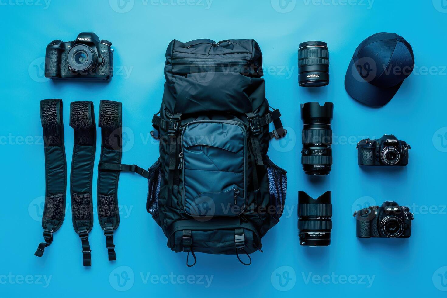 Photography gear and accessories arranged neatly on a bright blue backdrop, showcasing tools for capturing stunning images photo
