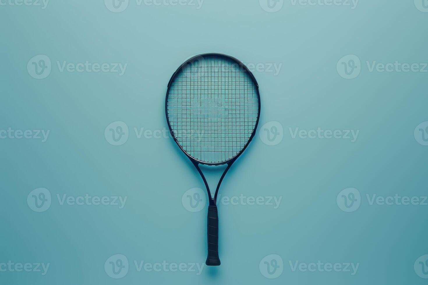 A minimalist tennis racket rests on a serene blue backdrop, embodying the spirit of sport and tranquility photo