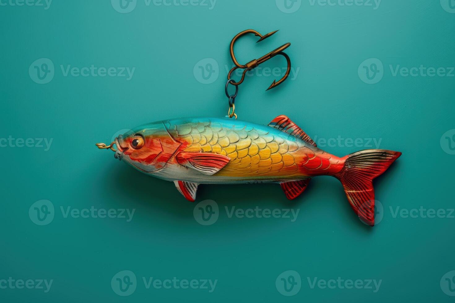 Colorful fishing lure suspended against a vibrant teal background capturing the artistry of angling accessories photo