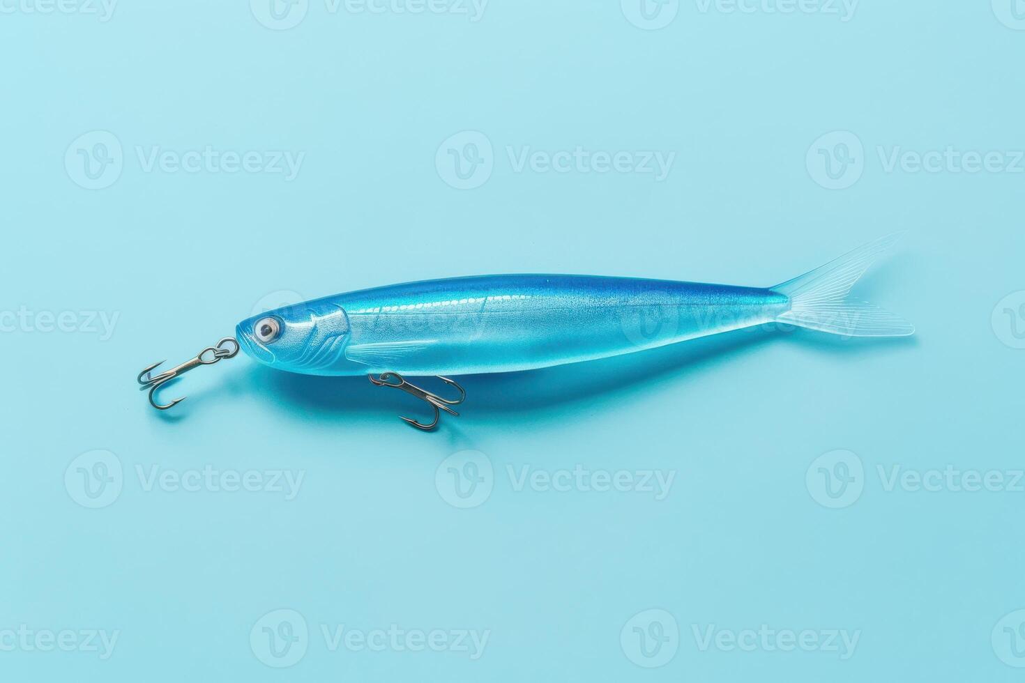 A vibrant blue fishing lure on a light turquoise background, showcasing its sleek design and realistic details for a successful catch photo