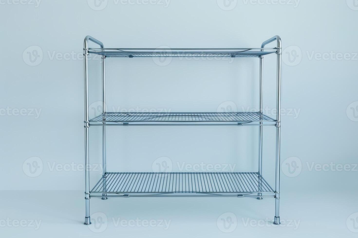 Sleek metal shelving unit against a minimalist backdrop in a well-lit interior space photo