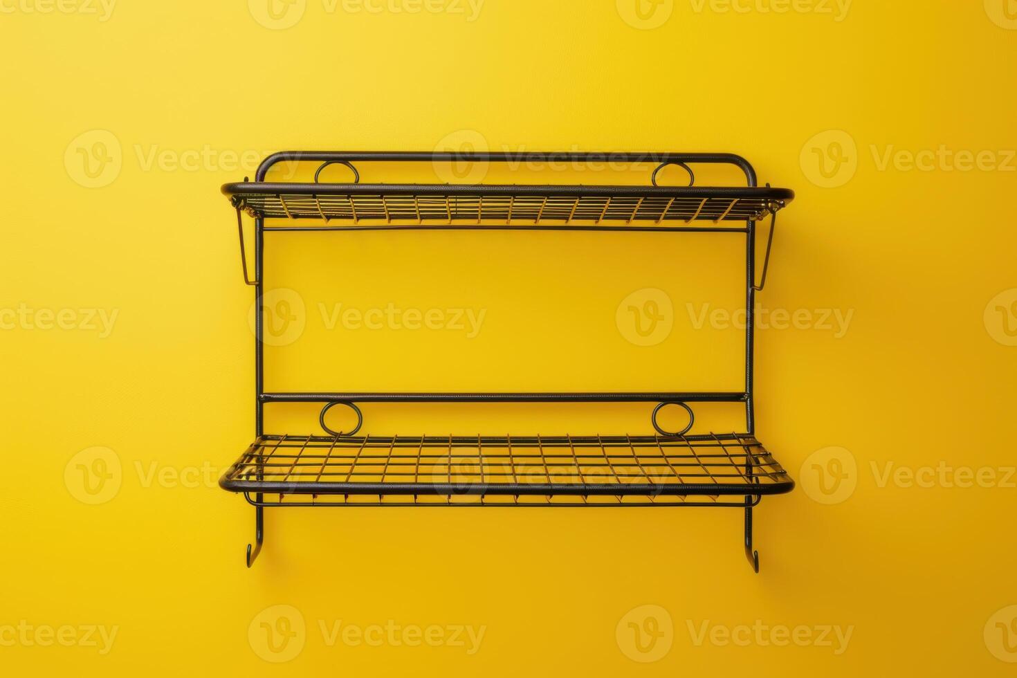 Stylish black wire shelving mounted against a bright yellow wall in a contemporary space photo